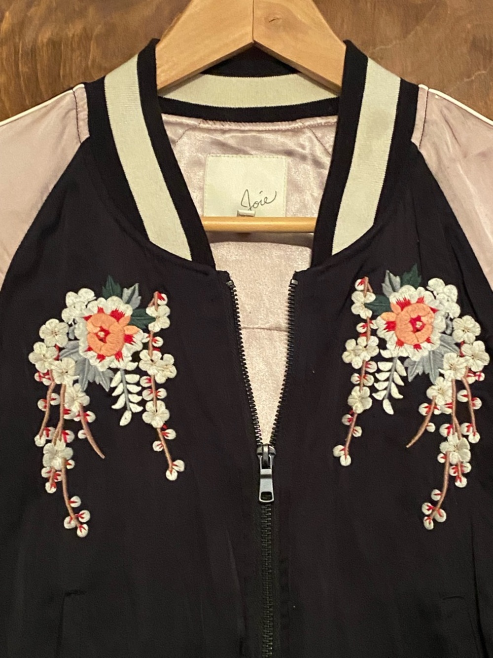 Joie Black Bomber Jacket with Pink & Cream Floral Embroidery